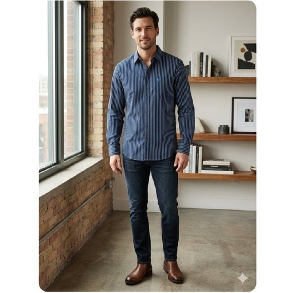 American Eagle Button Down Men XL Blue Pinstripe Vintage Fit Shirt Preppy Office